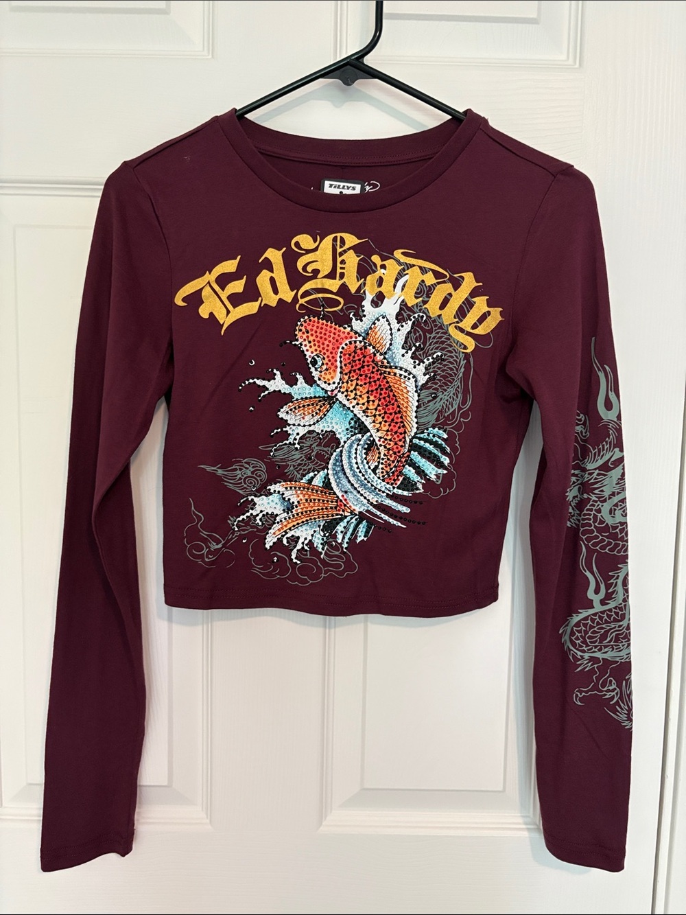 Ed Hardy Burgundy Crop Top with Koi Graphic